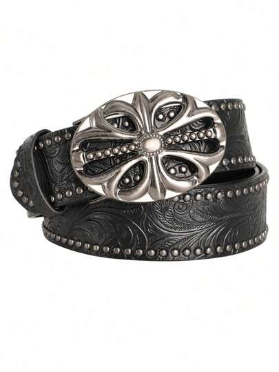 1pc Men's Retro Belt Bohemian Style-Chic Black Faux Leather Belt With Vintage Hollow Buckle - Fashion Personalized Belt For Men Women Punk Rock Y2K Style - Versatile For Jeans, Dresses & Casual Wear & Party ﻿