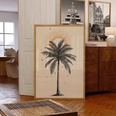1 pièce Affiche murale en canevas avec illustration vintage d'un arbre de palmier à la ligne épurée, dans des tons neutres bohèmes et tropicaux. Décoration murale minimaliste de plage, style vintage chic pour chambre, dortoir, appartement, salon moderne. Idéal comme cadeau.