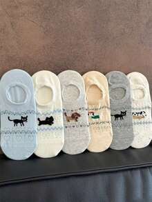 6 Pairs Fairisle Cartoon Bow & Heart Boat Socks, Summer Bestseller Shallow Mouth Invisible Non-Slip Women Ankle Socks - Multicolor - View 3