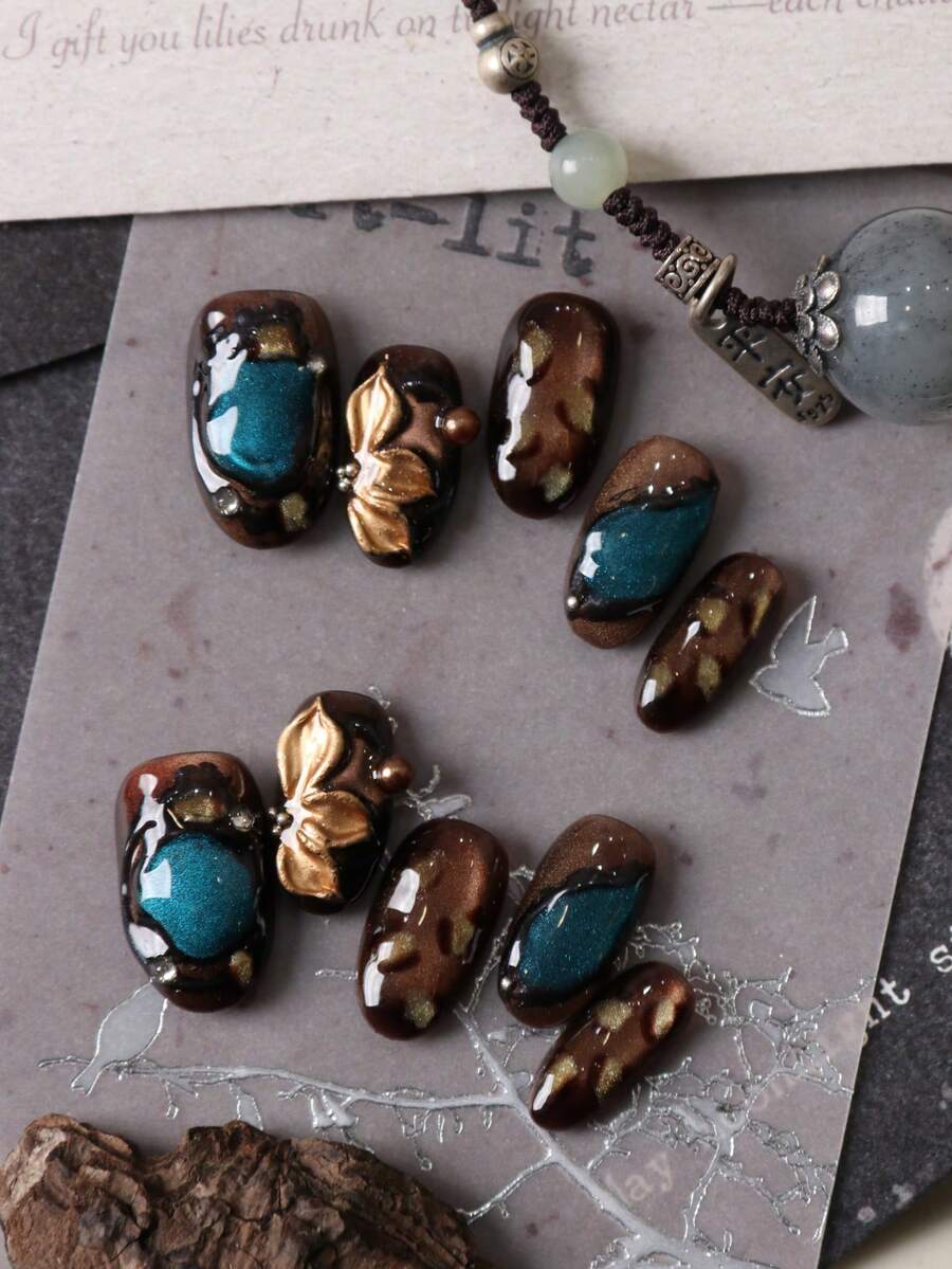 10pcs Press On Nails Nails Press On Nail Supplies Brown Cat Eyes Green Golden Flower Fake Nails Short Office DailyWear False Nails Artificial Nails Kit Includes 1sheet Adhesive Tabs &1 Pc Mini File Handmade Press On Nails - Multicolor - View 1