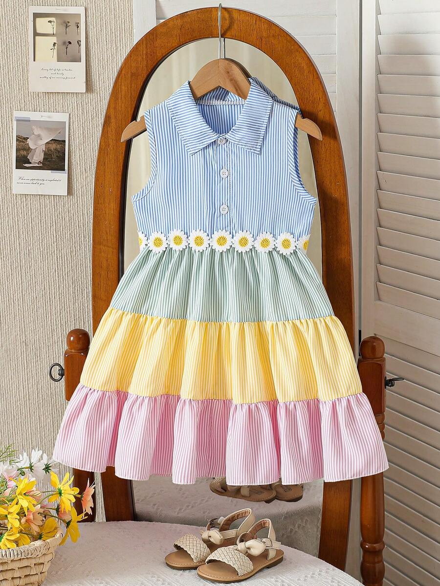 Girls' Summer Sleeveless Collared Striped Dress With Daisy Decor & Colorful Skirt, Fresh & Sweet Casual Dress - Multicolor - View 1