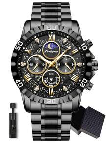 POEDAGAR 1 件男士运动手表，防水计时码表，夜光不锈钢豪华石英表，带礼盒 - 黑色 - 查看 13