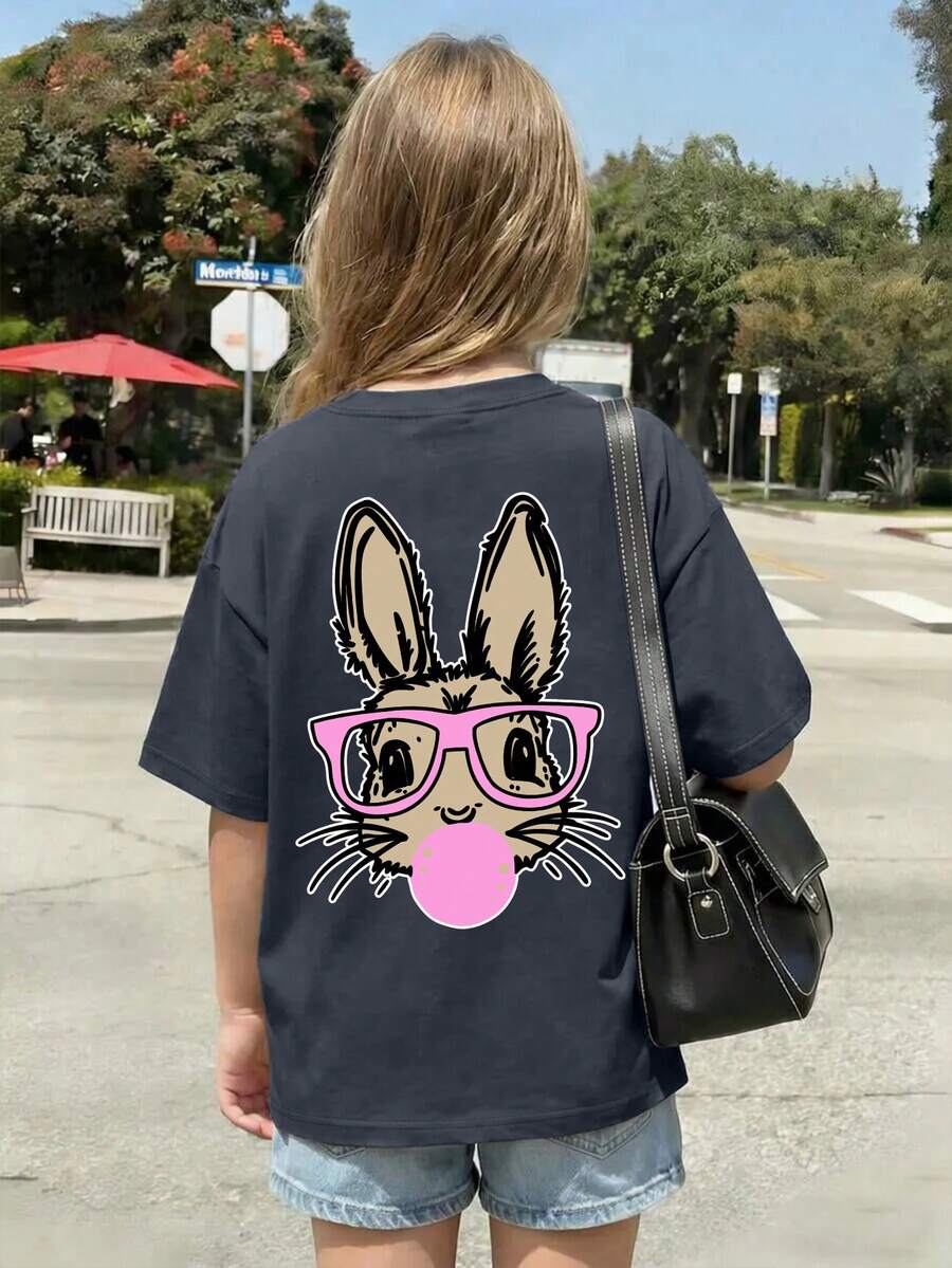 This Casual Dark Gray Round Neck T-Shirt Is Suitable For Slightly Larger Children, Featuring A Creative Rabbit Print Design, Very Suitable For Girls And Slightly Larger Children To Wear. - Dark Grey - View 1