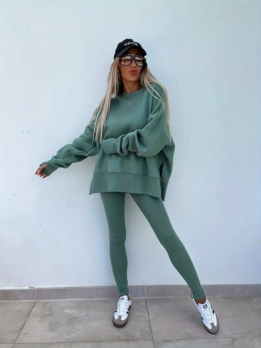 Women's 2 Piece Loungewear Set, Oversized Pullover And High Stretch Leggings, Versatile Spring Outfit For Home, Travel And Casual Outings - xanh quân đội - Xem 1
