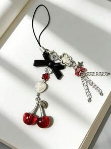 Móc khóa điện thoại hình nơ anh đào dễ thương, làm thủ công, đính hạt, phụ kiện hình ngôi sao tình yêu và sứa, phong cách Y2K độc đáo, dây đeo, phụ kiện túi xách - Đỏ - Xem 2