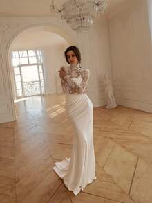 Elegant Strapless Satin Mermaid Wedding Dress With Ruched Detail & Lace Top, 2-Piece Set, Wedding Dresses For Bride, Elegant And Comfortable, Includes Plus Sizes, Bridal Gown, Formal Dresses For Women, Suitable For Wedding, Party, After-Party Dress, Cocktail Party, Bride, Party Dress, Formal Occasions, Dinner Dress, Prom Dress, Birthday Party, Celebration, Gala, Festival, Ceremony, Graduation, Homecoming Dress, Vacation, White - 白色 - 查看 2