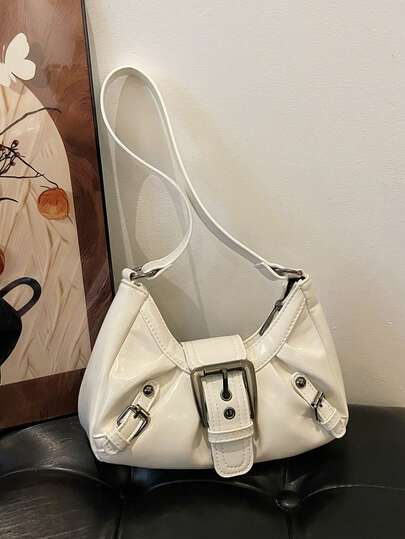 Large Capacity Pleated Underarm Bag, New American Retro Commuter Chic Motorcycle Style Shoulder Bag For Women