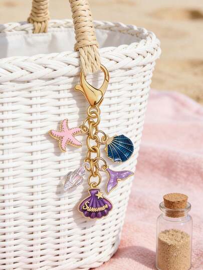 Ocean Style Enamel Charm Keychain With Starfish Shell Mermaid Tail Pendants, Gold Metal Lobster Clasp Bag Charm For Women Girls. Cute Summer Themed Key Ring For Handbag, Backpack, Purse, Car Keys, Phone Charm. Perfect Gift For Summer, Vacation, Beach Party, Birthday, Valentine's Day, Christmas, Daily Use, Travel Accessories.