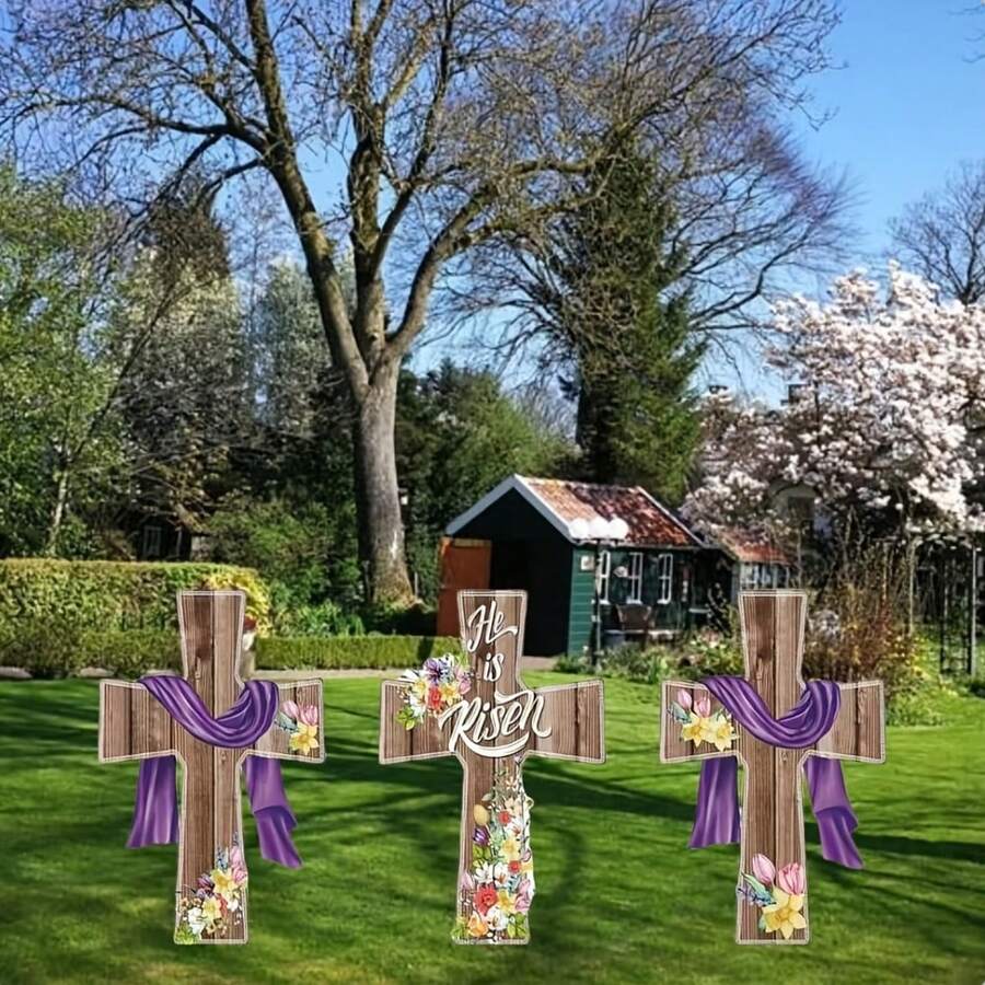 3 Stücke Oster Kreuz & Blumen Garten Dekor Set - Outdoor Rasen Dekorationen, Frühlings Dekoration, Keine Stromversorgung nötig, Party Dekorationen - A - Übersicht 1