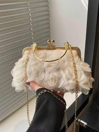 2025 New Chain Flower Evening Clutch Purse, Women's Fashion Celebrity Handbag, Tote/Shoulder/Crossbody Bag In Solid Colors, Chain Handle [Floral Pattern Placement Varies]