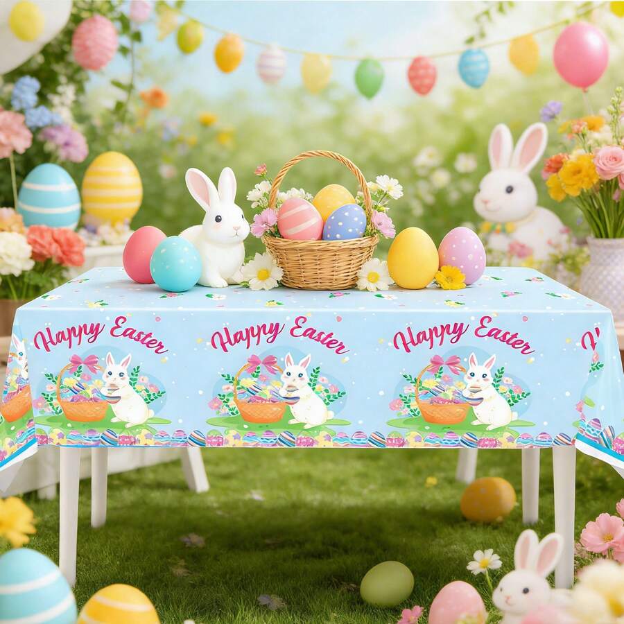 1pc/2pcs Cute Rabbit & Easter Egg Disposable Tablecloth, Suitable For Easter Theme Party Table Decoration - Multicolor - View 1