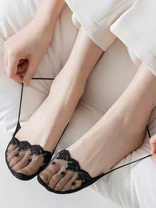 Calcetines de encaje de barco de verano para mujer, calcetines invisibles de malla transpirables, calcetines de dama con bordado de flores y cordones - Multicolor - Ver 4