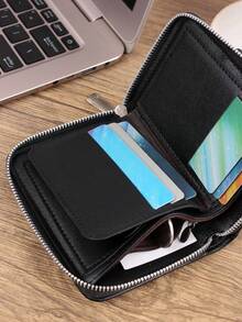 HOVI'S Retro Minimalist Creative Zipper Short Wallet, Fashion Business Commute Portable Lightweight Multi-Functional Multi-Card Slot Coin Purse Unisex - Black - View 6