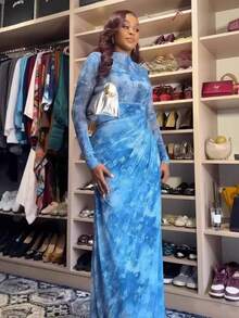 Blue Maxi Dress Printed Mesh Beach Long-Sleeved Dress Vacation Outfits Women Summer Dresses Vestidos Elegantes De Mujer Prom Dresses Birthday Dress Festival Outfit Coachella Fashion Boho Clothing Mother Daughter Matching Outfits Elegant Dress For Mother - 天藍色 - 查看 2