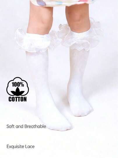 1 Pair Cotton Girls' Large Ruffle Dance Socks, Knee-High Performance Socks For Students