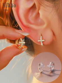 Hihho 1 Pasang Anting Klasik Berbentuk Salib, Sepenuhnya Bertatahkan Batu Zirkonia Berkilau Tinggi, Desain Minimalis Elegan Cocok Untuk Segala Acara, Anting Jepit Telinga Kecil yang Halus Untuk Bepergian & Pemakaian Serbaguna - menyeberang - View 6