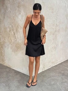 女士吊带休闲连衣裙，适合度假和日常穿着，春夏款 - 黑色 - 查看 3