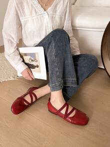 女士芭蕾舞缎带舒适平底套脚圆头鞋，红色、黑色、米色可选，时尚优雅，可搭配连衣裙，夏季平底乐福鞋 - 紅色 - 查看 5