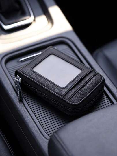 Men's PU Accordion Wallet – 12 Card Slots, Zipper Closure, Transparent ID Window & Coin Pocket, Ultra-Thin Compact Card Holder For Daily Commute, Travel & Business Use