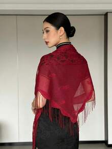 Spitzen-Dreieckiger Schal, Cheongsam Schal, leichter, atmungsaktiver Modeschal - Bordeaux - Übersicht 4