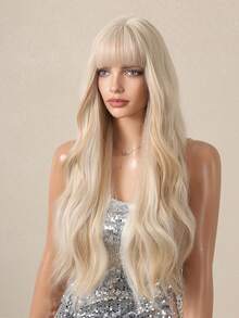 26" Machine Made Champagne Blonde Body Wave Wig With Bangs, High Temp Fiber Voluminous Wig With Adjustable Stretchy Cap - Gold - View 2