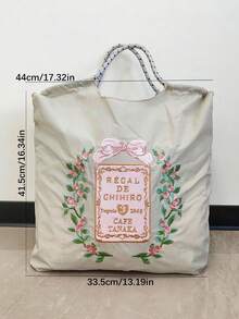 1 pieza Nuevo bolso de lona plegable de gran capacidad con patrón bordado de lazo y flor, de nailon ligero, adecuado para uso diario, playa, fiesta, vacaciones, bolso de hombro y cruzado para mujer - Multicolor - Ver 6