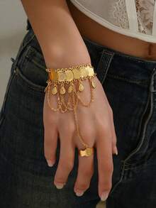 1pc Vintage Personalized Versatile Hollow Carved Multi-Layer Finger-Connected Ancient Coin Back-Of-Hand Bracelet For Women - H - View 2