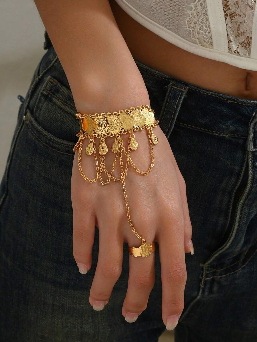 1pc Vintage Personalized Versatile Hollow Carved Multi-Layer Finger-Connected Ancient Coin Back-Of-Hand Bracelet For Women