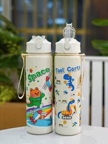 1pc 750ml/26oz Cute Cartoon Rabbit & Cat Pattern Straw Water Bottle, Lightweight, Durable, Suitable For Camping, Running, School, Daily Use, Holiday & Birthday Gift - Multicolor - View 6