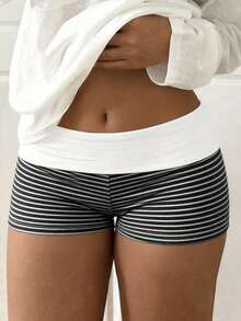 Quần short nữ mùa hè Sunny Girly kẻ sọc phong cách Y2K, cạp thấp với thiết kế thắt lưng có thể gập lại, hoàn hảo cho trang phục thường ngày, mặc nhà, dạo phố và đi làm. - màu đen - Xem 3