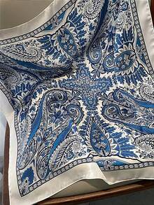 1条70*70厘米方形真丝围巾，女士缎面印花头巾，颈巾，发带，时尚女士披肩，围巾 - 藍白色大腰果 - 查看 3