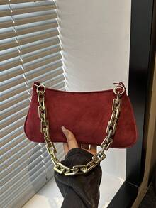 Gold Color Large Chain Soft Baguette Bag - Burgundy - View 4
