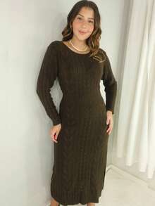 Women's Long Mousse Dress, Long Sleeves, Knit Fabric, Comfortable, Loose Fit, Winter Style, Side Slit - Cà phê - Xem 5