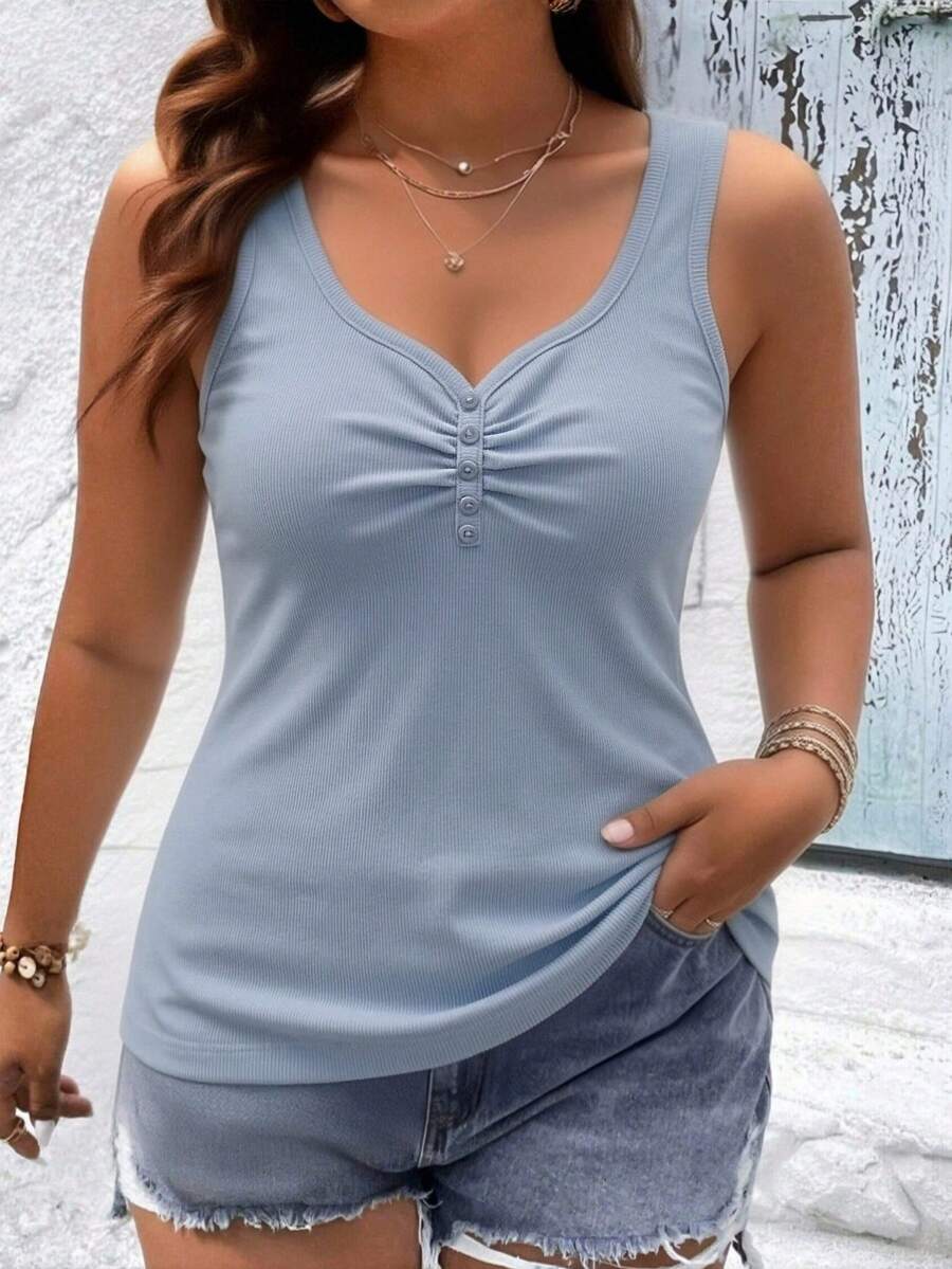Pure Cotton Tank Top With Ribbed Design In The Middle, Knitted Fabric With Buttons. - Light Blue 2 - View 1