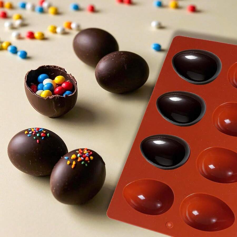 1个8孔复活节彩蛋形状硅胶模具，烘焙用品，适用于DIY蛋糕装饰、巧克力、糖果、果冻、糕点、松饼、面包、冰块和其他厨房烘焙工具/配件 - 彩色 - 查看 1