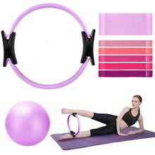 Pilates Ring Set – 14-Inch Anti-Deformation Magic Ring With Soft Handle, Mini Ball, 5 Resistance Bands, User Guide, Home Pilates Equipment - Mauve Purple - View 3