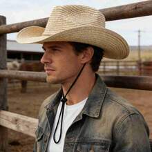 Hollow Western Cowboy Hat Combines Straw Material With Retro Design. It Has A Wide Brim And A Classic Hat Shape. It Has Both Sun Protection And Style. It Is Suitable For Summer Travel, Beach Parties Or Theme Activities, Showing The Free And Unrestrained Western Style And Personality Declaration. - 米色 - 查看 4