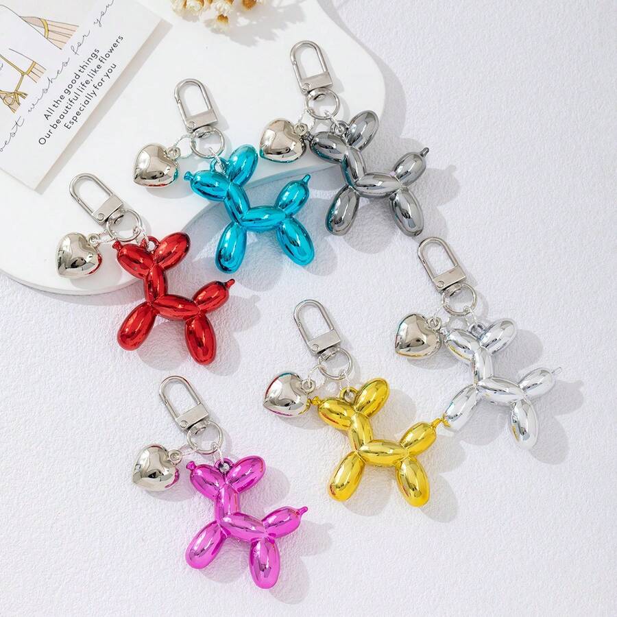 1pc Y2K Aesthetic Metallic Balloon Dog Keychain, Cute Bag Charm Pendant With Heart Decor, Fashion Backpack Accessory & Birthday Gift For Teenage Girls, Women And Animal Lovers - Balloon Dog - View 1