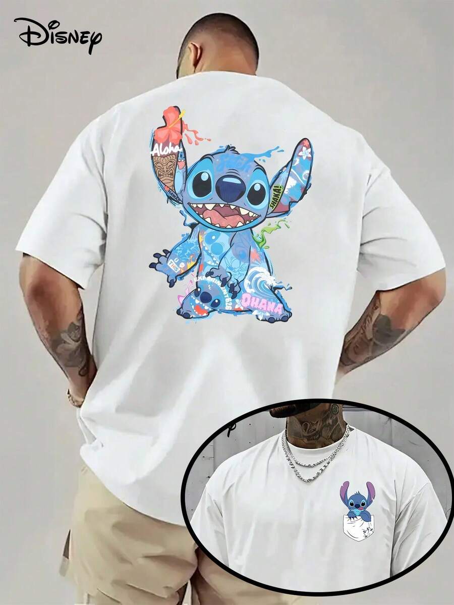 Disney Official Licensed Stitch Aloha Ohana Print 220g Cotton Crew Neck Unisex Tee - 白色 - 查看 1