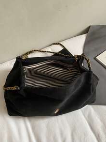 复古麂皮大容量手提包，新款时尚链条单肩包，多功能通勤托特包 - 黑色 - 查看 6