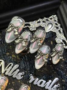 10pcs Handmade Fully Covered Almond Nails Acrylic Kit, Silver Cat Eyes, Cool And Sweet Ballet Style, White French Style, 3D Bow, Metal Relief Design, Y2K Style Nail Art Set,Acrylic Nail Supplies Are Suitable For Women And Girls,Can Be Used For Festivals,Daily,Life,Work,Gatherings And Other Occasions,The Kit Includes 1 Mini Nail File And 1 Double-Sided Adhesive Label Nails Stuff - Silver - View 6