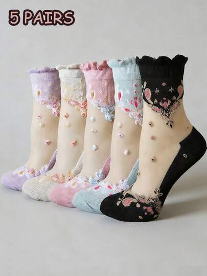 5 Pairs Women's Solid Color Mesh Socks, Fresh And Minimalist Mid-Calf Socks, Thin And Breathable, Suitable For Spring/Summer Daily Wear