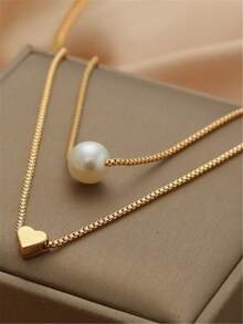 1件时尚简约精致双层心形珍珠项链，适合女士日常佩戴 - 金黃色 - 查看 6