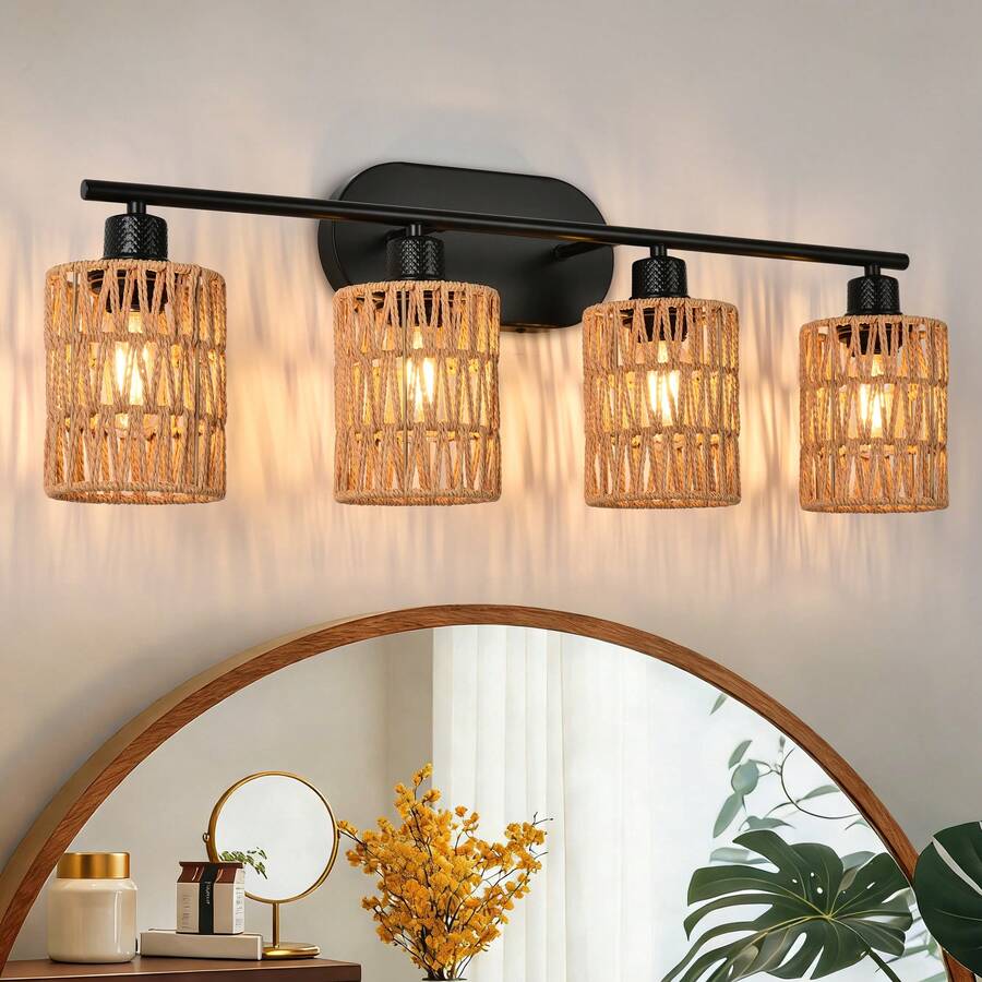Pomitos Farmhouse Rattan Vanity Light, Boho Bathroom Vanity Wall Light With Hand Woven Lampshade, Bathroom Light Fixture Over Mirror, Rustic Natural Style Wall Mount Light For Bedroom Kitchen - 4 燈 - 查看 1