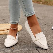 Women's Solid Color Fashion Metal Decor Pointed Toe Slip-On Flat Shoes, Casual Elegant, Khaki Soft Bottom Loafers For Daily, Commute, Office Wear In Autumn - trắng - Xem 2
