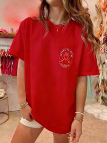 Womens Y2k Coconut Tree Oversized Shirts Tops Coconut Tree/Letter Print Short Sleeve Round Neck Loose Fit Tee Shirt Summer Vintage Aesthetic Baggy Tee - 紅色 - 查看 8