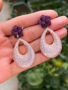 1 Pair Statement Luxury Pink Cubic Zirconia Pave Flower Drop Long Bold Engagement Wedding Bridal Party Earrings For Women Jewelry - Pink - View 5