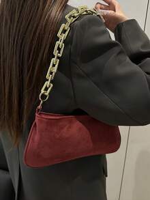 Gold Color Large Chain Soft Baguette Bag - Burgundy - View 8
