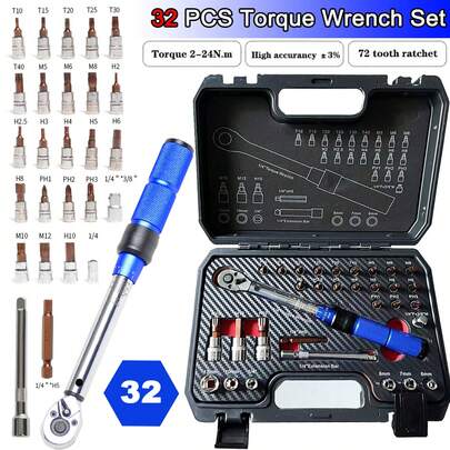 32PCS 2-24N.M Precise Double Scale Preset 1/4'' Torque Wrench Set For Bicycle Motorcycle Ratchet Repair Socket Spanner Set