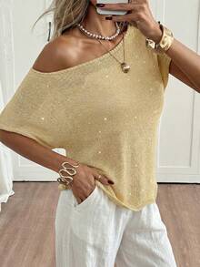 Suéter holgado de punto sólido con lentejuelas brillantes de estilo Y2K casual y lindo para mujer, con cuello asimétrico sexy para primavera/verano, uso diario, citas, calle - Dorado - Ver 2